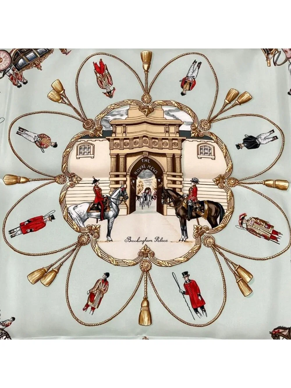 Hermes Scarf Carre 90 Light Green Gold Brown Red Multi the Royal Mews Silk
